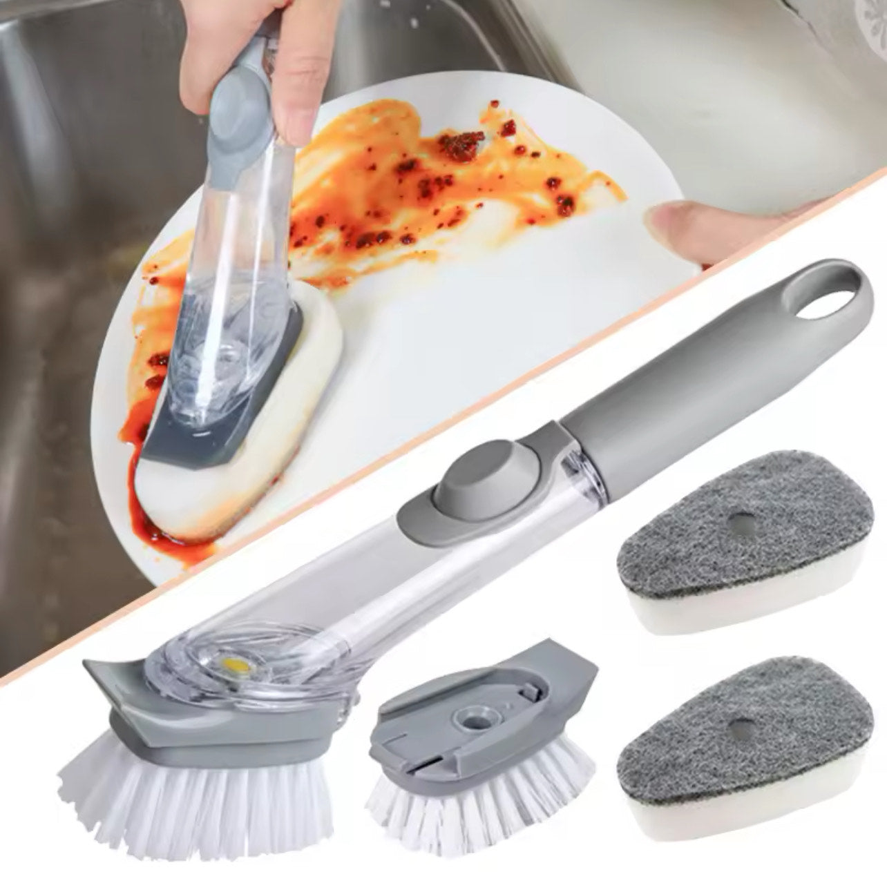 Brosse de nettoyage de cuisine 2 en 1  long manche avec distributeur liquide vaisselle