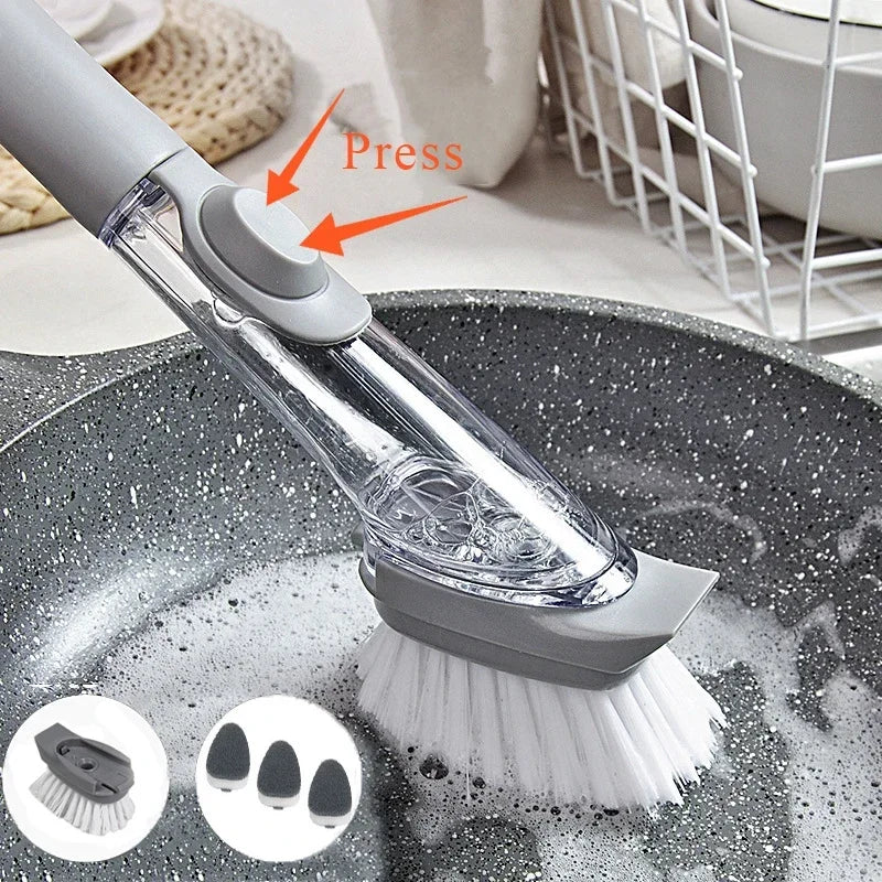 Brosse de nettoyage de cuisine 2 en 1  long manche avec distributeur liquide vaisselle